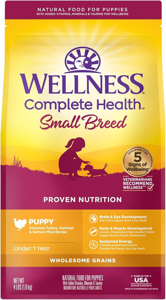 Wellness Complete Health Small Breed Dry Dog Food with Grains, Natural Ingredients, Made in USA with Real Turkey, For Dogs Up to 25 lbs. (Puppy, Turkey, Salmon & Oatmeal, 4-Pound Bag)