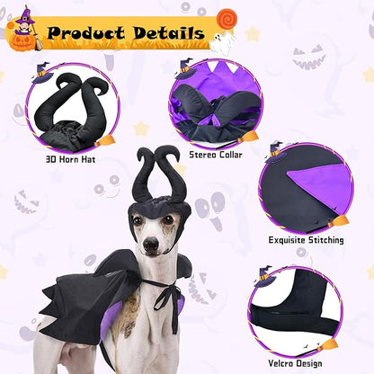 Dog Halloween Witch Costume Dog Wizard Cape Cat Vampire Devil Horns Hat Headwear Pet Halloween Cloak Outfit for Small Middle-Sized Dog