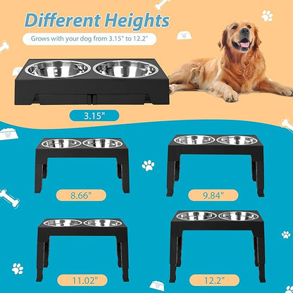 Niubya Elevated Dog Bowls with 2 Stainless Steel Dog Food Bowls, Raised Dog Bowl Adjusts to 5 Heights (3.15", 8.66", 9.84",11.02", 12.2") for Small Medium and Large Dogs