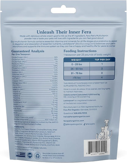 Fera Pet Organics Multivitamin Goat Milk Cat & Dog – Vet Created - Cat & Dog Multivitamin - Probiotics & Essential Vitamins & Minerals–60 Servings