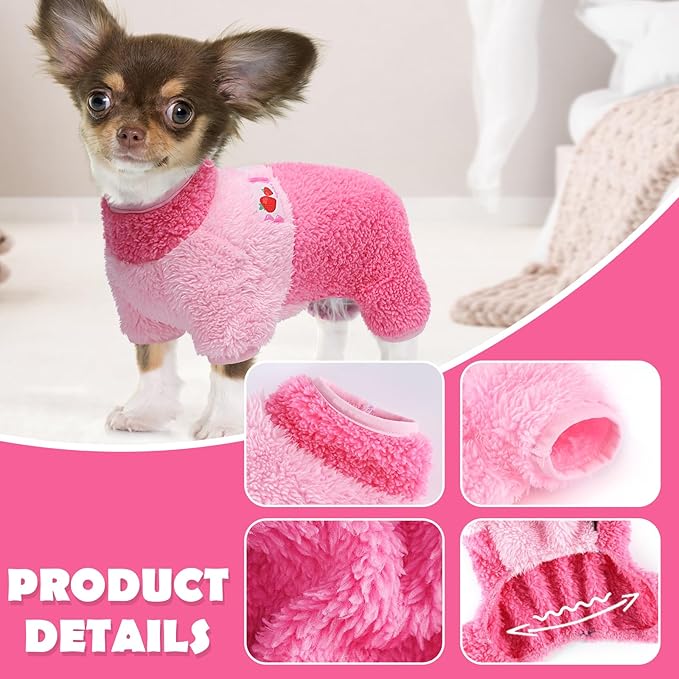 Turtleneck Dog Pajamas for Small Dogs Fleece Dog Sweater Warm Puppy Onesie Cute Dog Clothes Pjs Winter Outfits Pet Jumpsuits Cat Sweaters (Pink Strawberry, X-Small)
