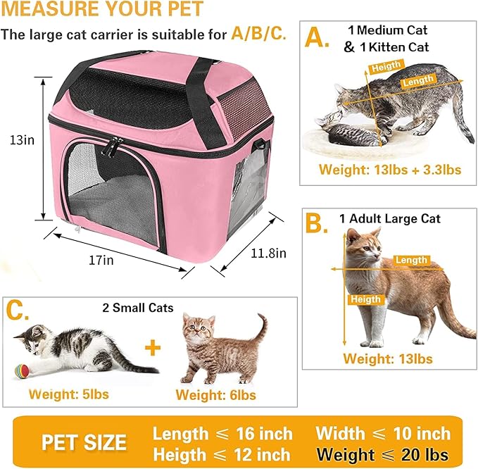 Large Cat Carrier for 2 Cats, Oeko-TEX Certified Soft Side Pet Carrier for Cat, Small Dog, Collapsible Travel Small Dog Carrier, TSA Airline Approved Cat Carrier for Large Cats 20 lbs-Pink