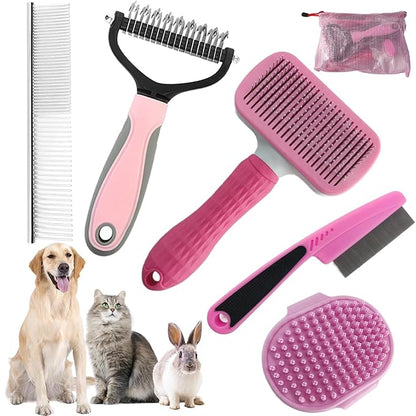 Dog Brush for Shedding,6 PCS in One Pet Slicker Hair Brush Kit Organizer Bag - Dog Cat Grooming Deshedding Undercoat Rake Brush Comb for All Small Large Dogs Cats Pink