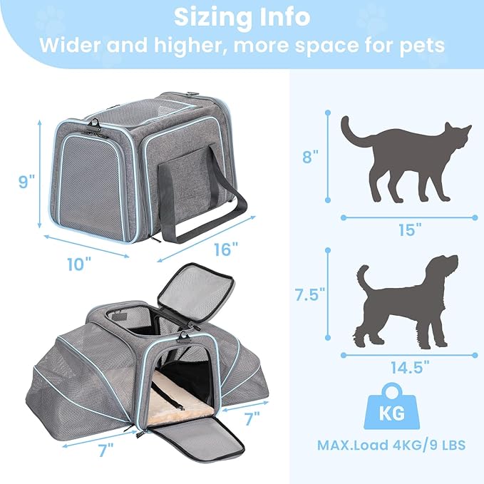 Petsfit Expandable Cat Carriers Airline Approved, 16"x10"x9" Small Dog Carrier Soft-Sided Portable Washable Pet Travel Carrier with Two Extension for Kitten,Rabbit, Puppy, Small Animal