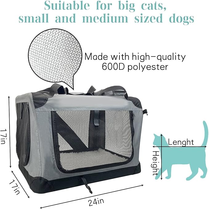 Fhiny Large Cat Carrier for 2 Cats, 24"x17"x17" Soft Dog Crate Collapsible Portable Travel Pet Carrier Bag Durable Breathable Foldable Kitten Carrier Bag for Puppy Cats Under 35 Lbs Grey