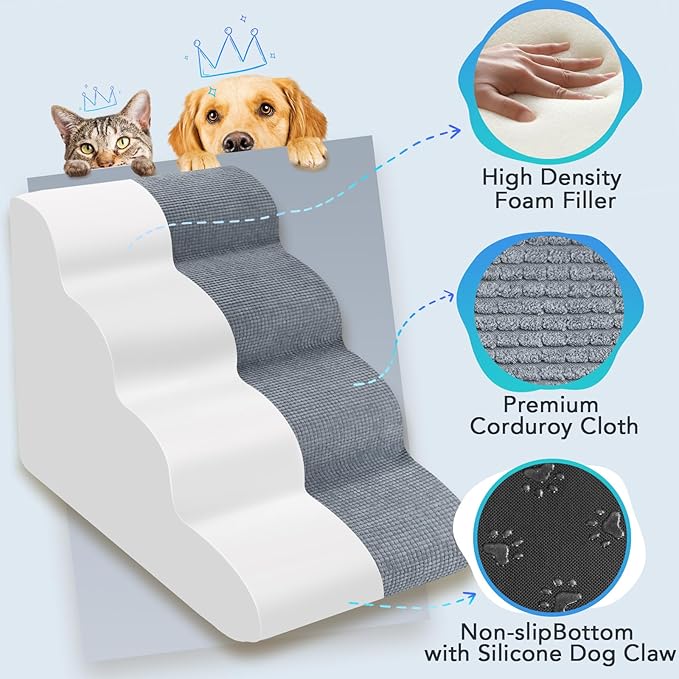 4-Tiers Dog Stairs Steps for Beds, 20 Inch High Foam Dog Ramp for Dogs Cats,Gentle Slope Ramp Stairs for Small Medium Dogs - Machine Washable & Nonslip - Free Lint Roller Set