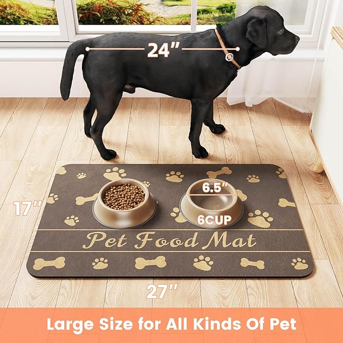 Pet Feeding Mat-Absorbent Pet Placemat for Food and Water Bowl (12"x20", Brown)