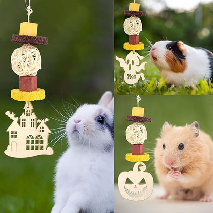 Abizoo Halloween Guinea Pig Chew Toys,3 Pcs Rabbit Toys Hamster Bunny Treats Wood for Chinchilla Rat Chew Toys Hanging Halloween Themed Decor Cage Accessories for Small Animals Teeth Enrichment Gifts