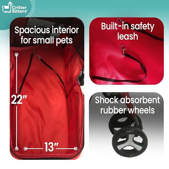 Critter Sitters 4-Wheel Dog Stroller for Small or Medium Sized Dogs and Cats with Scratch Resistant Breathable Mesh Windows and Safety Leash