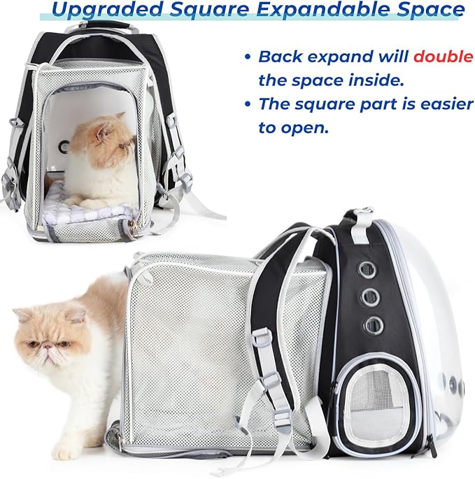 Lollimeow Cat Carrier Backpack, Bubble Expandable Backpack Carrier, Pets and Small Dogs,Airline-Approved, Designed for Travel, Hiking, Walking & Outdoor Use (Square Expandable-Black)