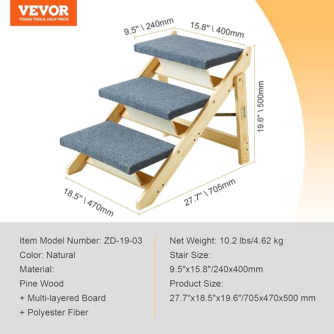 VEVOR Wood Pet Stairs/Pet Steps 2-in-1 Foldable 3 Steps 150 lbs