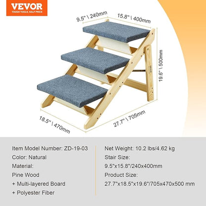 VEVOR Wood Pet Stairs/Pet Steps 2-in-1 Foldable 3 Steps 150 lbs
