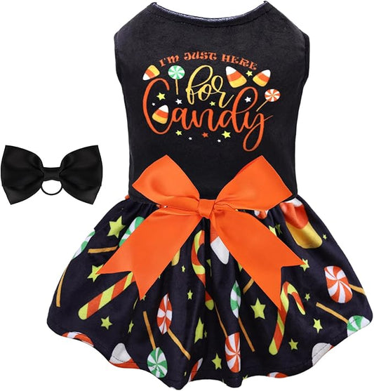 CuteBone Halloween Dog Dresses Velvet Holiday Small Dogs Clothes Onesie Pet Apparel Girl Puppy Skirt with Bow Hair Rope CVA44M-D