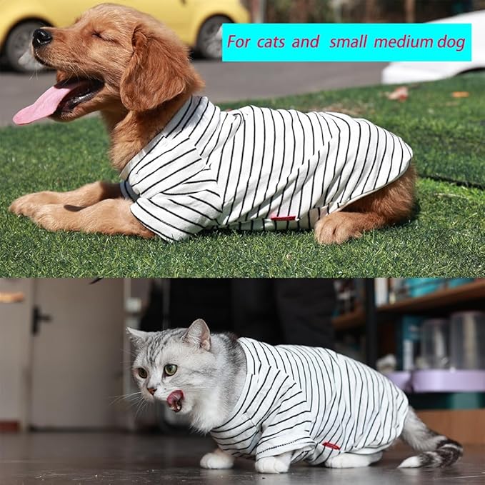 ANIAC Cotton Dog Shirt Striped Pet T-Shirt with Sleeves Summer Dog Outfit Cat Shirt for Cat Only Puppy Clothes for Small Dog Girl Boy，White