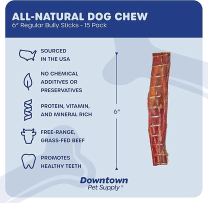 Downtown Pet Supply Bully Sticks for Dogs (6", 15-pack Regular) Rawhide Free Dog Chews Long Lasting Non-Splintering Pizzle Sticks - USA Sourced Low Odor Bully Sticks for Large Dogs