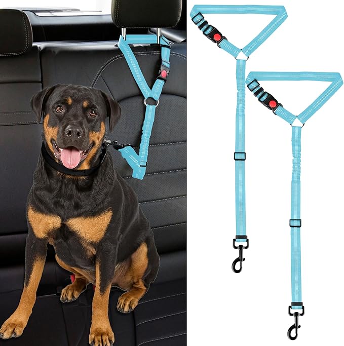 2 Packs Dog Cat Safety Seat Belt Strap Car Headrest Restraint Adjustable Nylon Fabric Dog Restraints Vehicle Seatbelts Harness (SkyBlue Elastic Bungee)