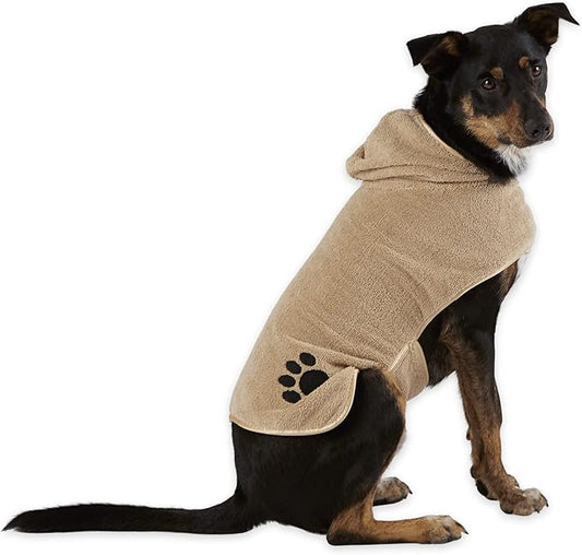 Bone Dry Pet Robe Collection, Embroidered Absorbent Microfiber Bath Robe with Adjustable Closure, for Dogs & Cats, Medium, Taupe