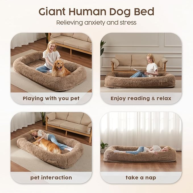 Human Dog Bed Cover (No Filler, Cover only), Human Size Dog Bed Cover Replacement, Suit for 72"x48"x10", 290 GSM Calming Fluffy Plush Cover Washable Removable Anti-Slip, Camel