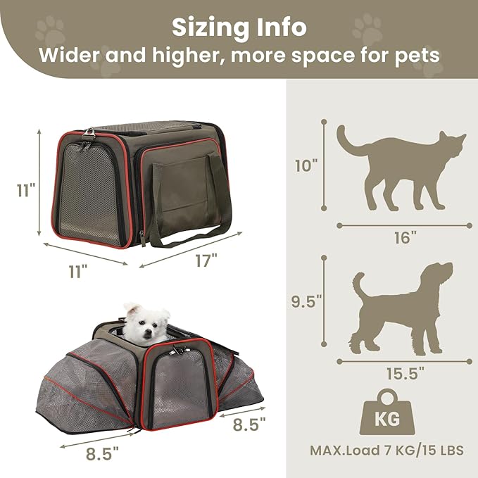 Petsfit Airline Approved Expandable Large Cat Carrier Small Dog Carrier, 17" x 11" x 11" Collapsible Portable Soft-Sided Airplane Pet Carrier Bag with Two Extension, Fit for Outdoor Use