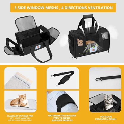 Pet Carrier - Airline Approved for Small Dogs, Kittens, Cats Under 15lb - Collapsible Soft Sided TSA Cat Travel Carrier - Black