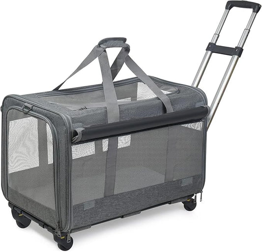 GJEASE Large Pet Rolling Carrier with Wheels for Up to 35 LBS,with Durable Handle and Flexible Wheels,Breathable and Collapsible Carrier for Small & Medium Pets