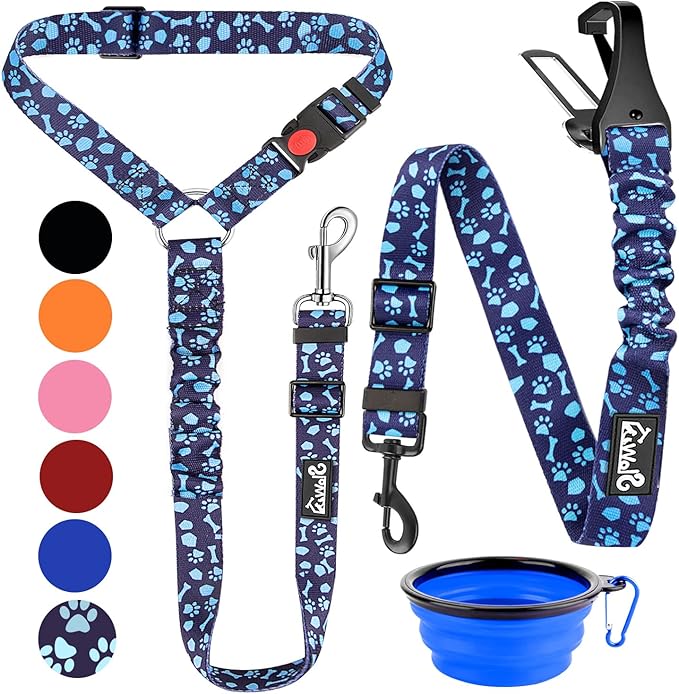 Lukovee Dog Seatbelt Leash for Cars, 2 Pack Pet Safety Car Seat Belt with Adjustable Buckle & Reflective Bungee, Connect Dog Harness in Vehicle Car Dogs Restraint Travel Daily Use (Blue Paw)