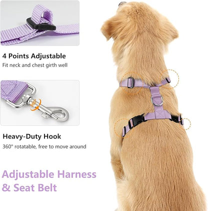 Dog Vehicle Safety Vest Harness, Adjustable Soft Padded Mesh Car Seat Belt Leash Harness with Travel Strap and Carabiner for Most Cars, XXL Size, Purple Flower