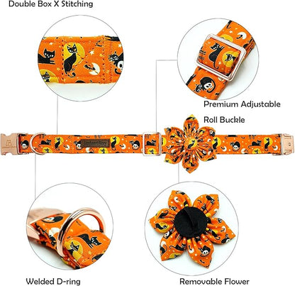 Lionheart glory Premium Halloween Dog Collars Flower Dog Collar Heavy Cotton Adjustable Fall Dog Collar for Medium Dogs Cat Print Dog Collar Flower Dog Collar with Bow Tie