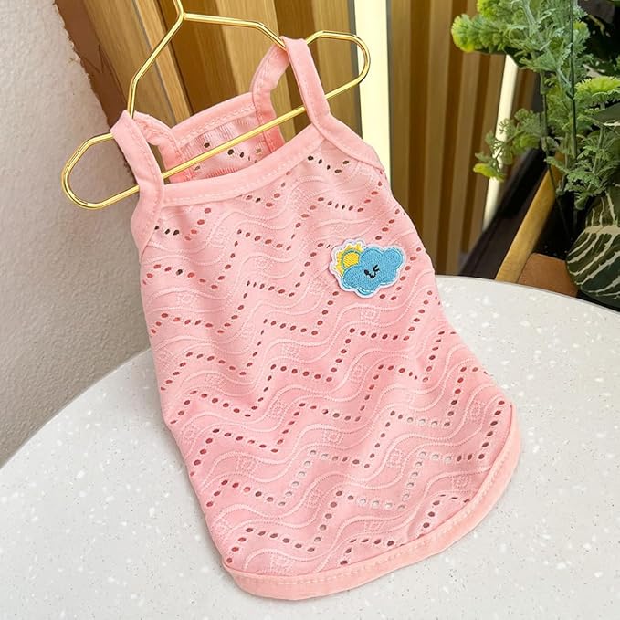 Yanmucy 2 Pieces Dog Summer Clothes Cute Embroidery Dog Striped Tank Top Vest Breathable Puppy Sleeveless Shirt for Small Dogs Cats (Pink+Blue, X-Small)