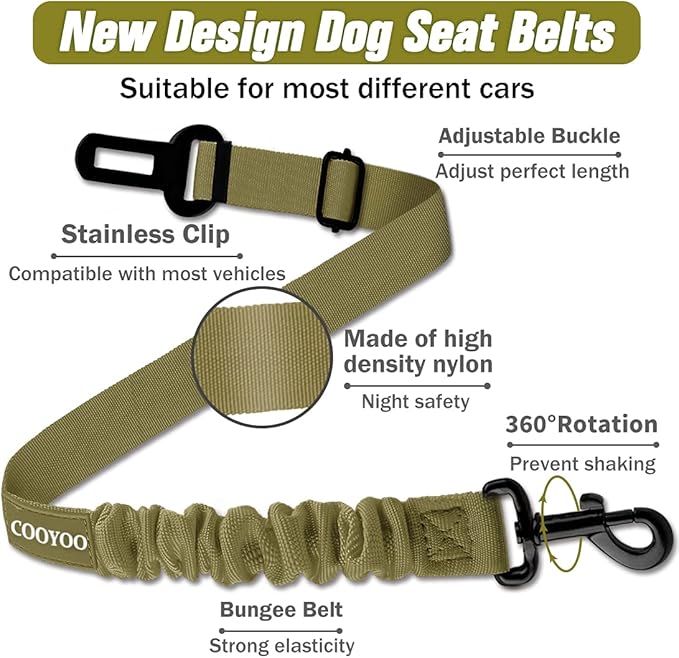 COOYOO Dog Seat Belt,Retractable Dog Car Harness Seat Belt for Car Adjustable Nylon Pet Safety Seat Belts Heavy Duty & Elastic Bungee Buffer