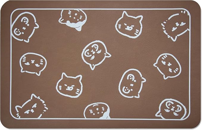 YCT Cat Food Mat for Pet Dog Food Mat, Cat Mat for Food and Water, Cat Feeding Mat Pet Dog Cat Bowl Mat, Non-Slip Super Absorbent, with Multiple cat Heads Logo，24 x 16.9 inches, Brown