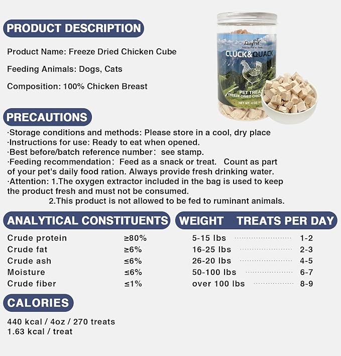 Freeze Dried Chicken Training Treats Raw Single Ingredient Cat Treats, Solve Pet's Picky Eating Problem (Chicken)