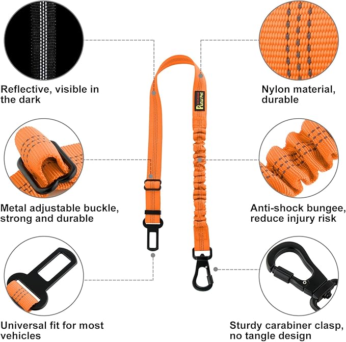 Plutus Pet Dog Seat Belt for Car, Adjustable Dog Car Harness with Carabiner Clip, Reflective Safety Dog Seatbelt Leash with Elastic Bungee, Orange