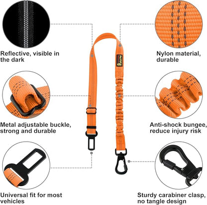 Plutus Pet Dog Seat Belt for Car, Adjustable Dog Car Harness with Carabiner Clip, Reflective Safety Dog Seatbelt Leash with Elastic Bungee, Orange