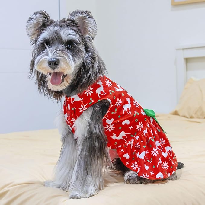 CuteBone Dog Dresses Velvet Holiday Small Dogs Clothes Onesie Pet Apparel Girl Puppy Skirt with Bow Hair Rope CVA31S