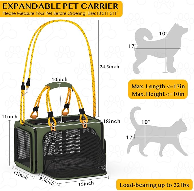 PAWZIDEA Expandable Pet Carrier w/ID Card, 18X11X11in TSA Airline Approved Cat Carrier for 2 Cats Under Seat, Soft-Sided Collapsible Small Dog Carrier Car Seat Travel Bag, Puppy Cat Crate Top Load