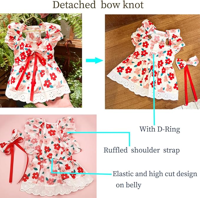 ANIAC Floral Dog Dress with D-Ring Dog Dresses for Small Dogs Girl Bow Cat Dress for Cat only Dog Outfit Summer Puppy Clothes for Chihuahua Yorkie Dachshund Pomeranian (Medium