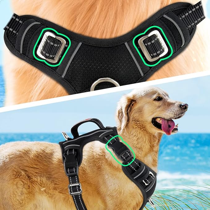 BARKBAY No Pull Dog Harness 3 Buckles Large Step in Reflective Dog Harness with Front Clip and Easy Control Handle for Walking Training Running with ID tag Pocket(Black,L)