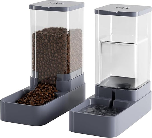 Automatic Cat Feeder and Water Dispenser with Pet Food Bowl,Gravity Food Feeder and Waterer Dispenser in Set for Small Medium Dog Puppy Kitten Rabbit Bunny Large Capacity(3.8L x 2)