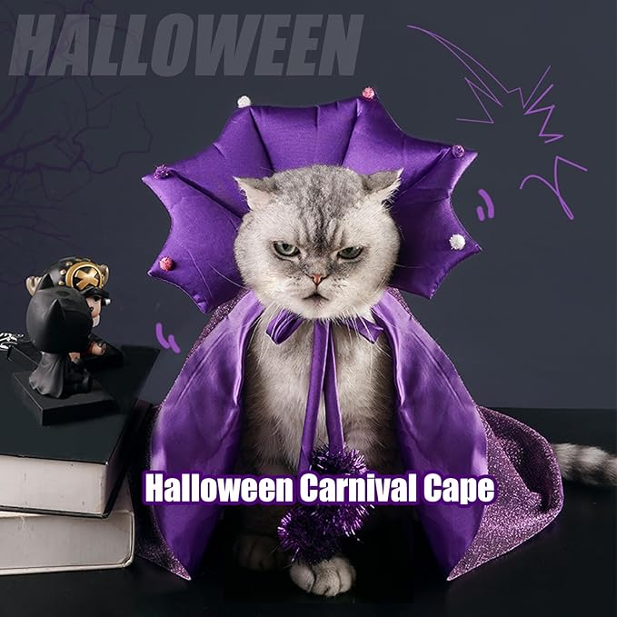 ABLAZEZAI Pet Halloween Costumes, Cat Vampire Cloak with Hat, Dog Cosplay Wizard Hat Cape Suit, Halloween Party Clothes Outfit for Small Medium Large Cats Dogs