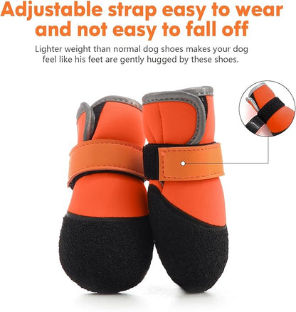 Dog Shoes, Outdoor Dog Boots Non-Slip Waterproof Dog Booties for Medium to Large Dogs 4Pcs for Winter Snowy Day, Summer Hot Pavement with Rugged Sole Orange