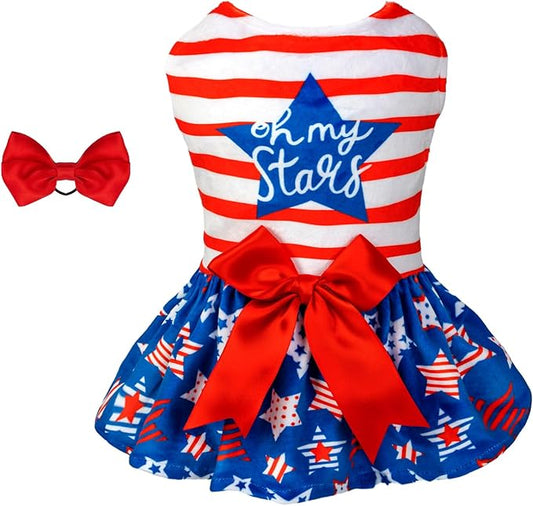 CuteBone Dog Dresses Velvet 4th of July Small Dogs Clothes Onesie Pet Apparel Girl Puppy Skirt with Bow Hair Rope CVA38M-D