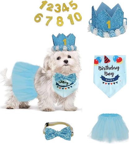 Dog Birthday Party Supplies Set,Boy Girls Dog Birthday Bandana,Cute Small dog Birthday Hat,Tutu,Dog Bow Tie Collar with 0-8 Numbers,Birthday Decorations for Cat,Dogs First Birthday(Blue-2,Small)