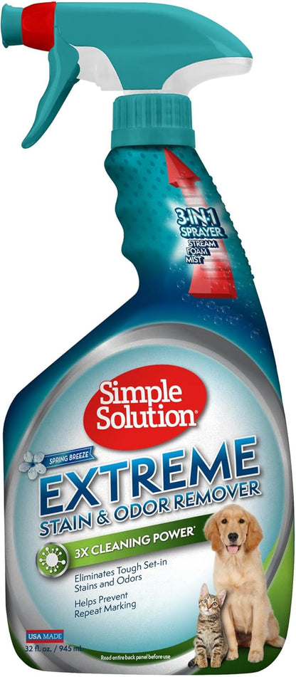 Simple Solution Extreme Pet Stain and Odor Eliminator Spray for Dogs and Cats - Enzymatic Cleaner with 3X Pro-Bacteria Cleaning Power - Strong Urine Pee & Poop Stain Remover - Spring Breeze, 32 oz