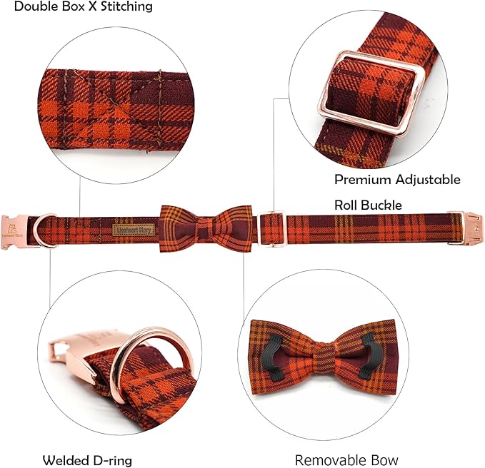 Lionheart glory Dog Collar Fall Dog Collars with Bow Plaid Dog Collar Bow Female Male Pet Collar Dogs Collar Bows Duty Adjustable Dog Bow Collars for Large Dogs