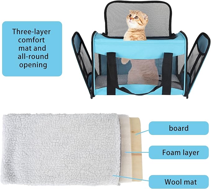 Cat Carrying Case - Pet Carrier Airline Approved, Protable and Breathable Pet Travel Carrier Removable Fleece Pad, Collapsible Cat Carrier Dog Carrier for Medium Cats Small Cats Dogs(Medium, Blue)