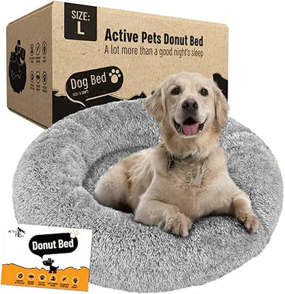 Active Pets Plush Calming Donut Dog Bed - Anti Anxiety Bed for Dogs, Soft Fuzzy Comfort - for Large Dogs, Fits up to 100lbs, 36" x 36" (Large, Light Grey)