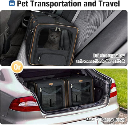 Lekereise 2-in-1 Cat, Dog Carrier for Small Medium Large Pets up to 35 Lbs, (17.7"*2)*16.5"*13" Car Travel Carrier with Litter Box, Bowl, and Locking Zipper - Black