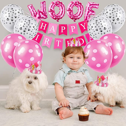 13 Pcs Dog Birthday Party Supplies Decorations Cute Dog Girl Birthday Bandanas Set Pink Tutu Skirt Dog Crown Hat Pearl Necklace Happy Birthday Banner 9 Pink Woof Paw Balloons Toy for Puppy Pet Cat Dog