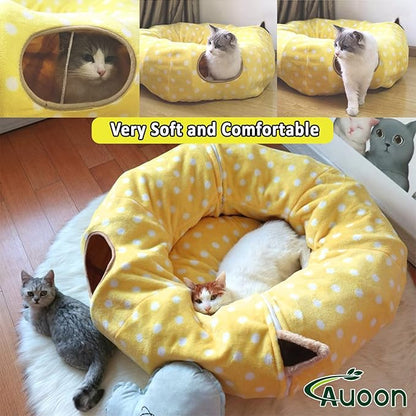 AUOON Cat Tunnel Bed with Central Mat,Big Tube Playground Toys,Soft Plush Material,Full Moon Shape for Kitten,Cat,Puppy,Rabbit,Ferret,Yellow